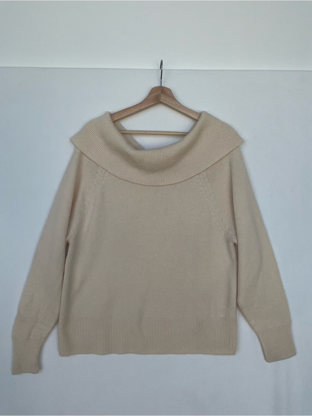 PAIGE Cream Off-the-Shoulder Ribbed Collar Sweater